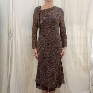 Brown and White Silk Circle Patterned Long Sleeve Dress with Silk Rosette Scarf